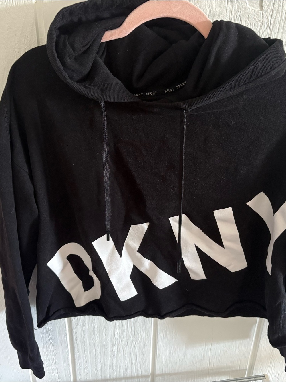 DKNY Black Cropped Hooded Sweater with White Logo